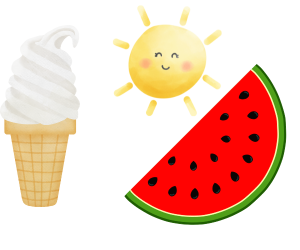 にっこり笑う太陽とスイカとソフトクリームのイラスト