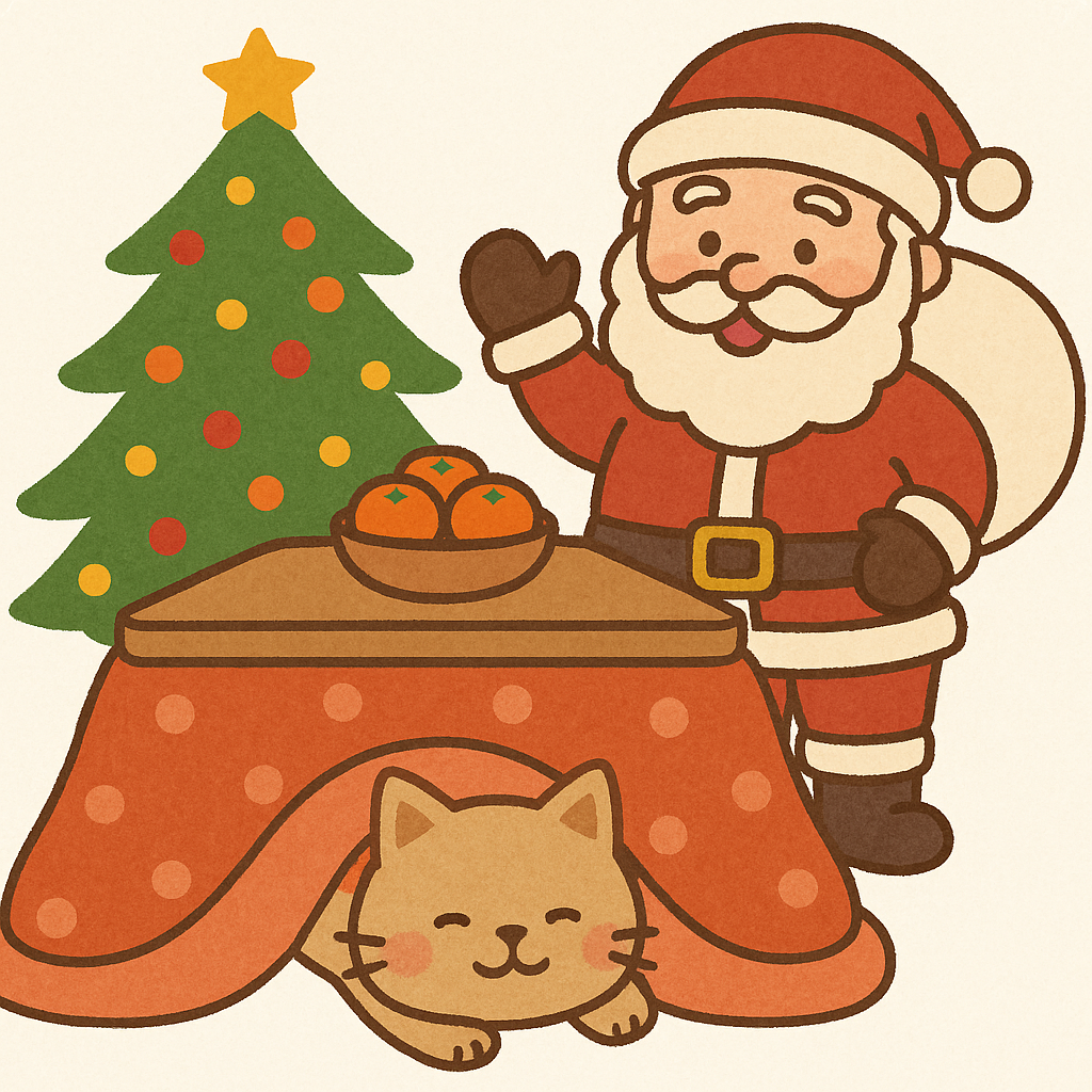 炬燵にみかんと猫、サンタクロースとクリスマスツリー。