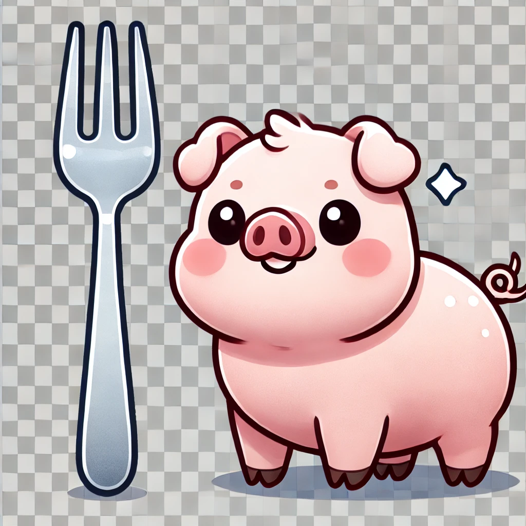 かわいい豚のイラスト。豚の横に大きなフォークが描かれている。