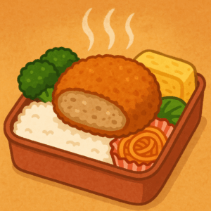 お弁当の中のメンチカツから湯気が出ているイラスト