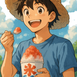 麦わら帽子をかぶっている笑顔の少年がかき氷を食べているイラスト