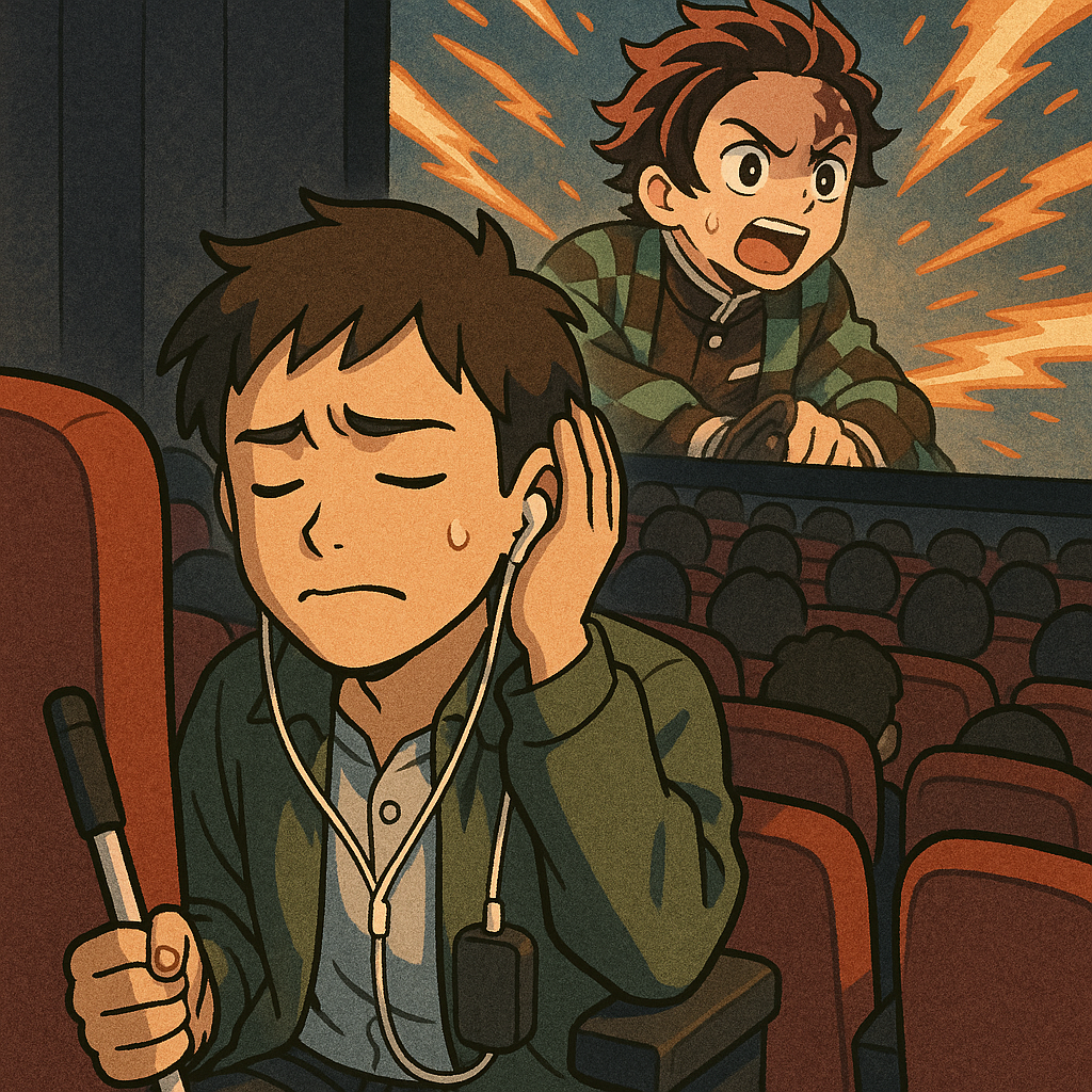 映画館でイヤホンをして、こまった表情をしている男性のイラスト
