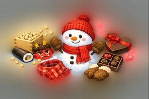 節分と雪だるま、チョコレートのイラスト