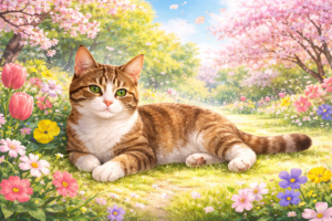 春の庭でくつろぐ猫