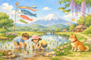 田舎の風景とこいのぼり 子供と犬