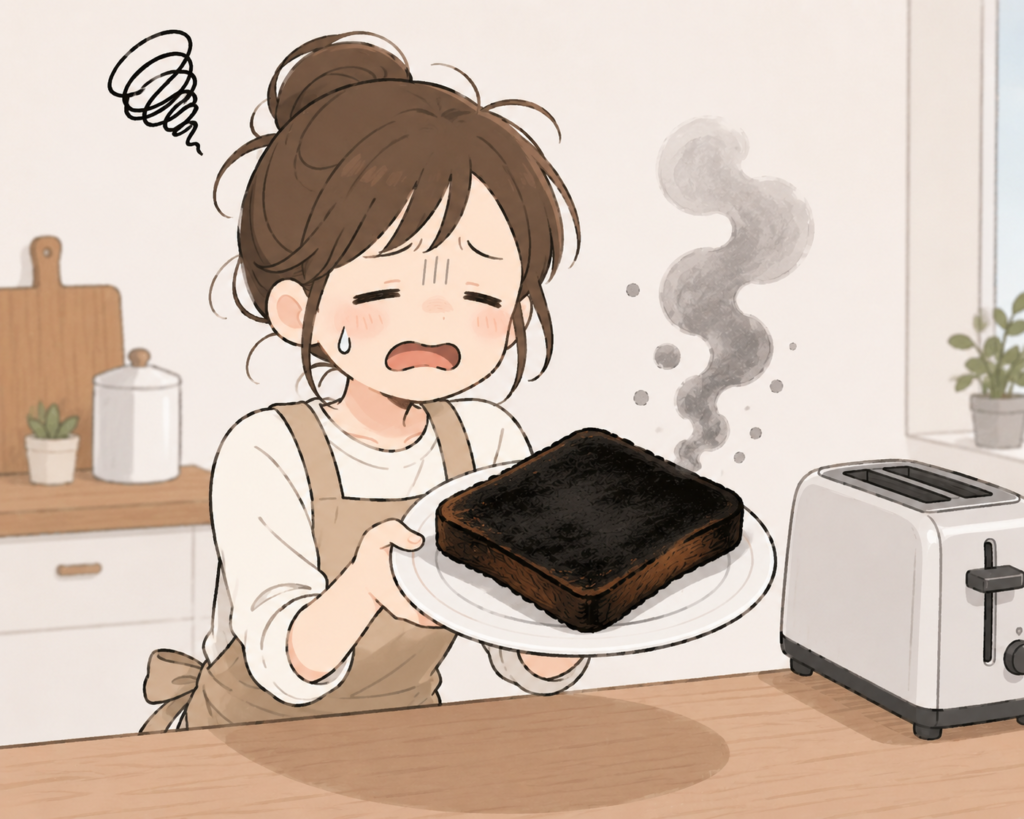黒こげになった食パンとその前に困った顔の人のイラスト