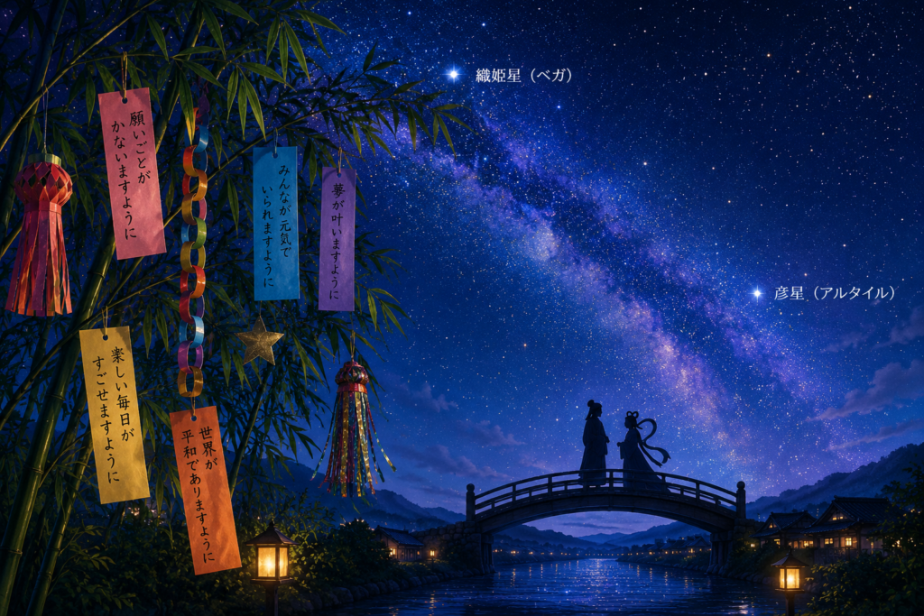 夜空と七夕飾り。男女が向かい合うシルエットのイラスト。