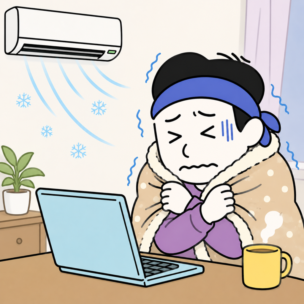 パソコンの前でブランケットをはおっても寒くて震えるノベルさんのイメージイラスト