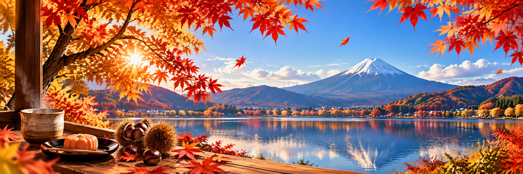 富士山と湖と紅葉のイラスト