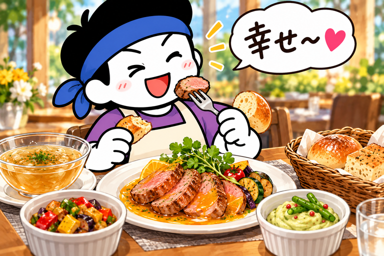 美味しいランチを食して幸せそうなのべるさんいイラスト